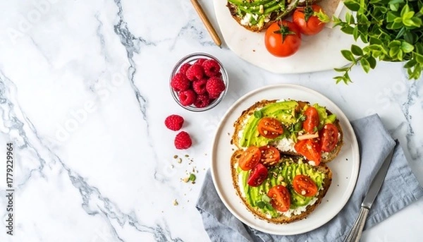 Fototapeta Healthy breakfast toast with avocado, feta, and tomatoes
