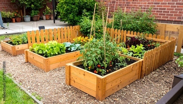 Fototapeta Raised garden beds filled with various plants