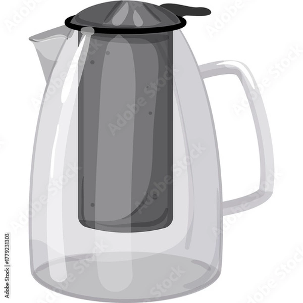 Obraz Transparent Glass Teapot with Infuser and Handle on White Background Realistic Vector Illustration Clean Kitchenware for Tea Preparation