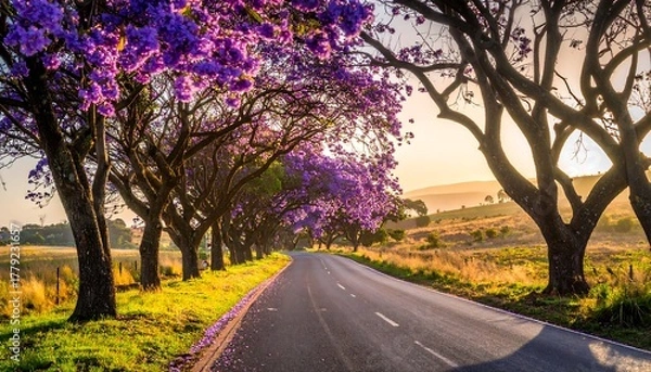 Fototapeta Road lined with purple trees at sunrise