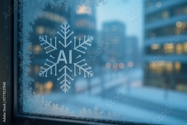 Fototapeta Frosted window with AI snowflake symbol perfect for tech winter branding digital identity visuals and innovation-themed seasonal campaigns