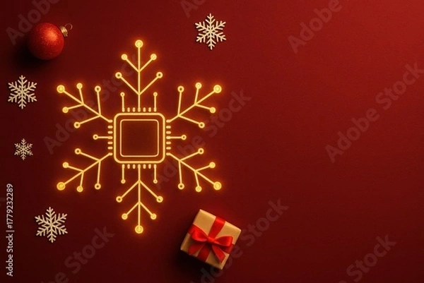 Fototapeta Microchip integrated into snowflake with gifts symbolizing festive technology smart systems and innovation in holiday commerce