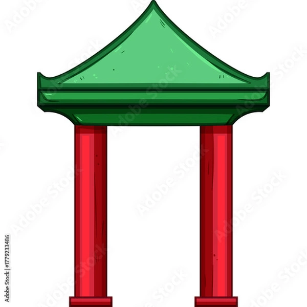 Obraz Traditional Asian Pagoda Gate Entrance With Green Roof And Red Pillars On A White Background Simple Stylized Illustration