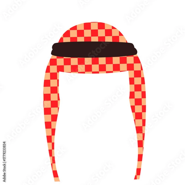 Fototapeta Traditional Red and Beige Checkered Keffiyeh Headwear with Black Band Transparent Background Flat Vector Illustration