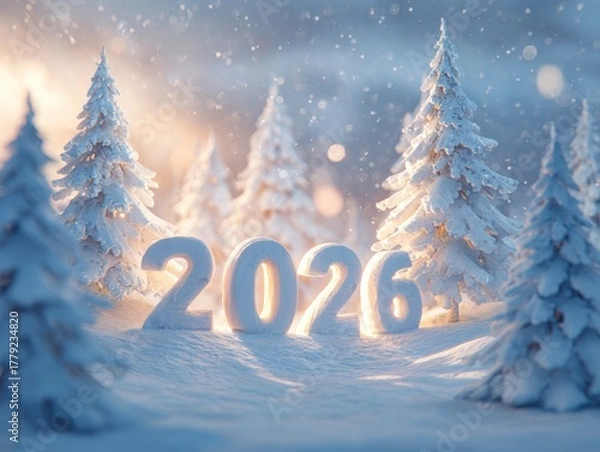 Fototapeta Snowy winter landscape with the year 2026 in snow