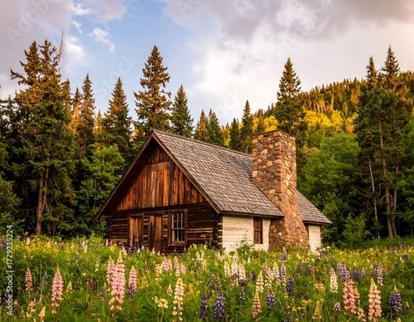 Fototapeta Rustic cabin nestled in a vibrant flower field