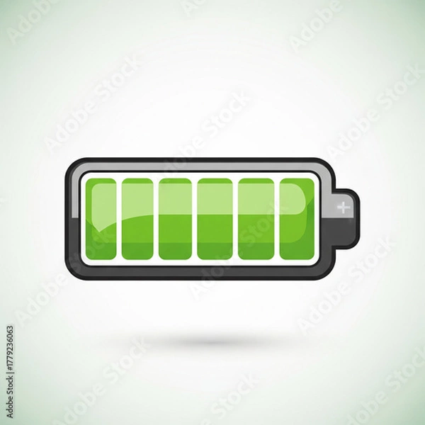 Fototapeta A detailed illustration of a battery icon, showing a high level of charge, with a green fill.