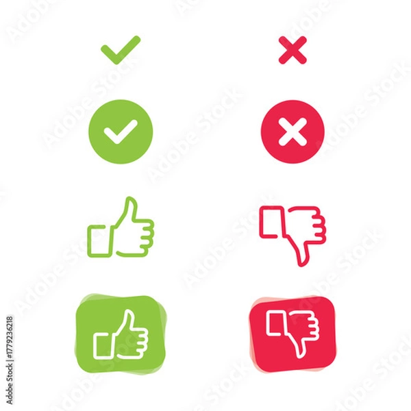 Fototapeta Check and wrong icons set of check marks. Green tick, red cross, black tick and cross. Yes or no - Vector.