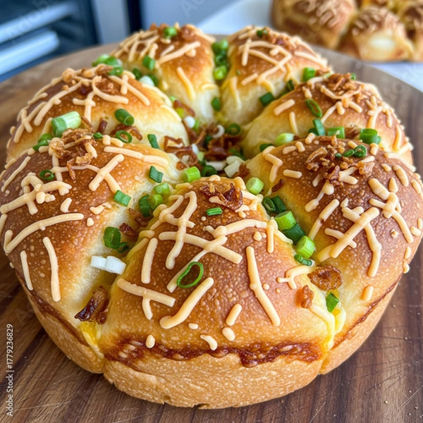 Fototapeta A freshly baked savory pull-apart bread loaf topped with shredded cheese, green onions, and crispy fried onions on a wooden board.