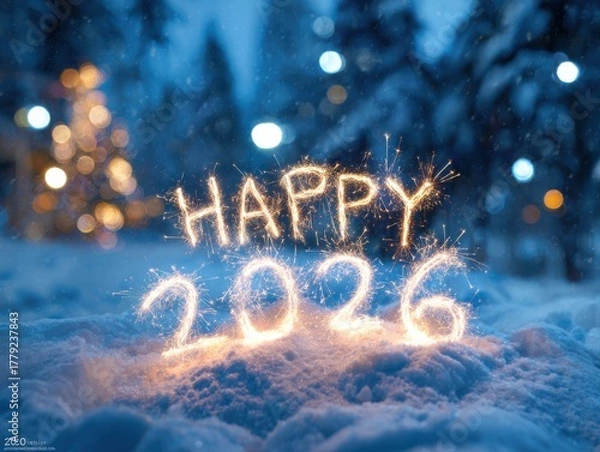 Fototapeta Happy new year 2026 written in sparklers on a snowy winter night