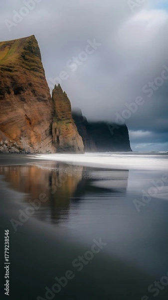 Fototapeta Dramatic Coastal Cliffs Meet Black Sand Beach Under Moody Skies