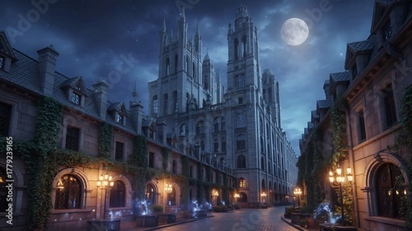 Fototapeta Majestic Gothic Castle Illuminated by Moonlight and Lanterns on a Mysterious Night
