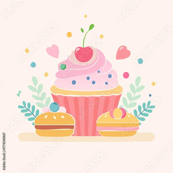 Fototapeta Sweet Delicious Cupcake Macarons Decorated With Leaves And Hearts In A Soft Pastel Background With Confetti