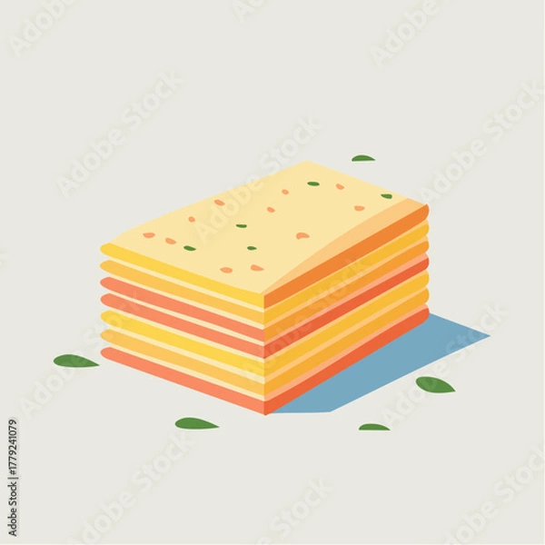 Fototapeta Geometric Pixel Art Lasagna Slice With Layers of Pasta Cheese and Sauce on Light Background and Green Garnish
