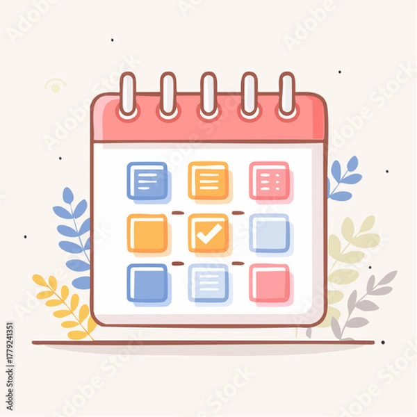 Fototapeta Flat Design Calendar Icon With Notes And Checkmarks In Pastel Colors And Floral Accents
