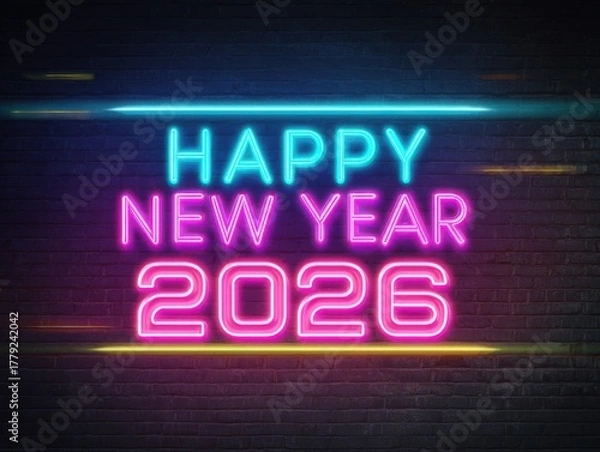 Fototapeta Happy new year 2026 neon sign on a brick wall background