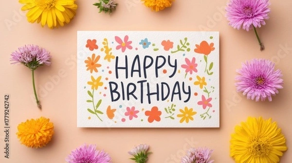 Obraz Cheerful Birthday Card Mockup with Flowers