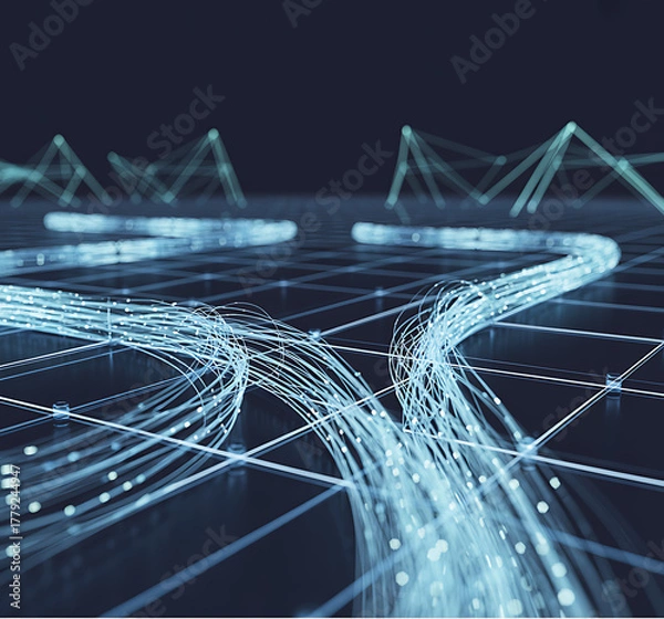 Fototapeta artificial intelligence abstract background, Robot and human hands interacting, Hand holding virtual Global Internet connection,Futuristic cityscape with glowing lines,Modern workspace with computer