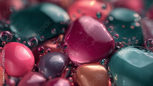 Fototapeta Colorful and glossy candies with bubbles, creating a mesmerizing and playful scene