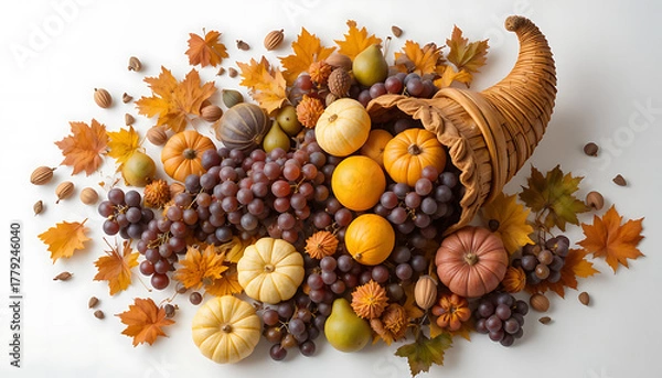 Obraz Autumn Harvest Fall Decor with Pumpkins Grapes and Leaves on White Background