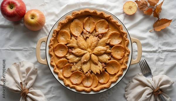 Obraz Apple Pie with Sliced Apples and Decorative Fruit on White Tablecloth