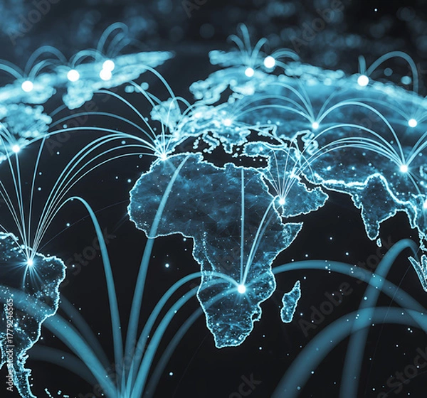 Fototapeta artificial intelligence abstract background, Robot and human hands interacting, Hand holding virtual Global Internet connection,Futuristic cityscape with glowing lines,Modern workspace with computer