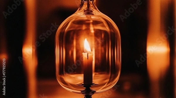 Fototapeta A solitary candle burning brightly within a clear glass cloche casting a warm and serene glow