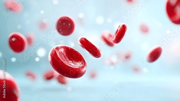Fototapeta Close up 3D illust n showcasing red blood cells erythrocytes in motion set against a softly blurred blue background with light speckles representing biology health and vital bodily functions