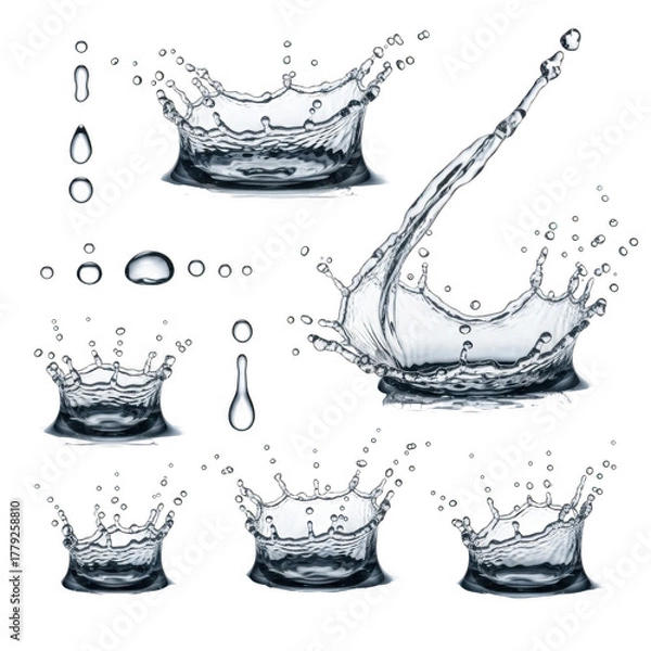 Fototapeta 3d dynamic water splashes and drops isolated on transparent background