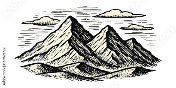 Obraz Vintage sketch drawing of a black ink fishing boat on the sea with a bird and fish symbol