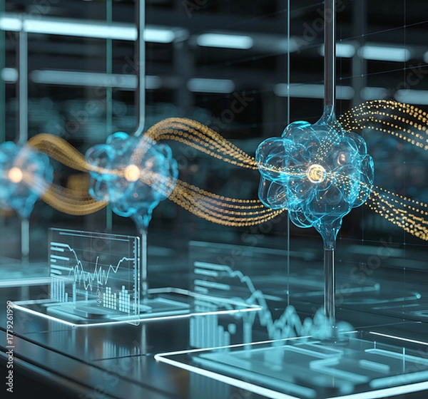 Fototapeta artificial intelligence abstract background, Robot and human hands interacting, Hand holding virtual Global Internet connection,Futuristic cityscape with glowing lines,Modern workspace with computer