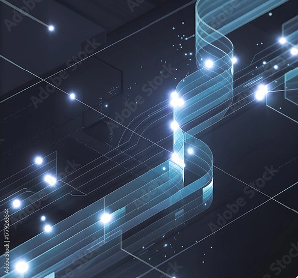 Fototapeta artificial intelligence abstract background, Robot and human hands interacting, Hand holding virtual Global Internet connection,Futuristic cityscape with glowing lines,Modern workspace with computer