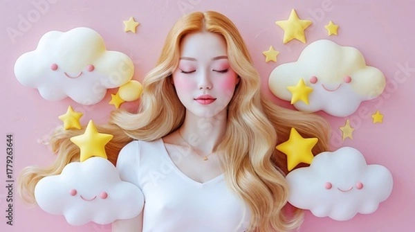 Fototapeta Abstract illustration with sleeping woman, surrounded by cute soft clouds and yellow stars, against pink background