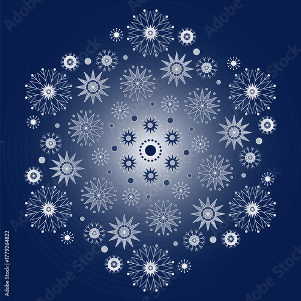 Obraz Winter magic ornament of snowflakes. White snowflakes on dark blue background. Monochrome blue decorative design element. Mandala ornament vector illustration. Hexagonal pattern of stars.