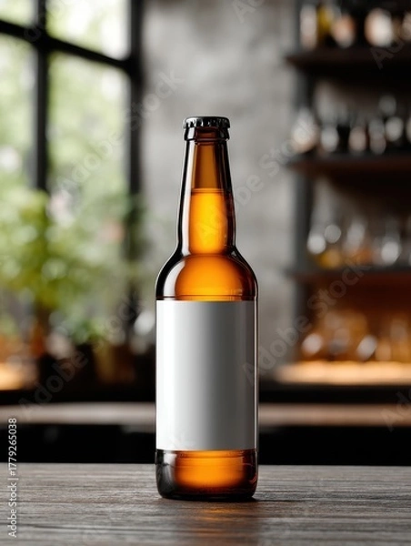 Fototapeta Frosted Glass Beer Bottle Mockup on Bar Counter