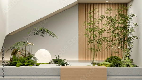 Obraz Modern zen garden interior with bamboo ferns and moon lamp 3D render