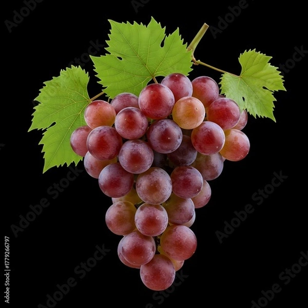 Fototapeta A group of red grapes displayed on a black background, emphasizing their rich hue and natural shine.