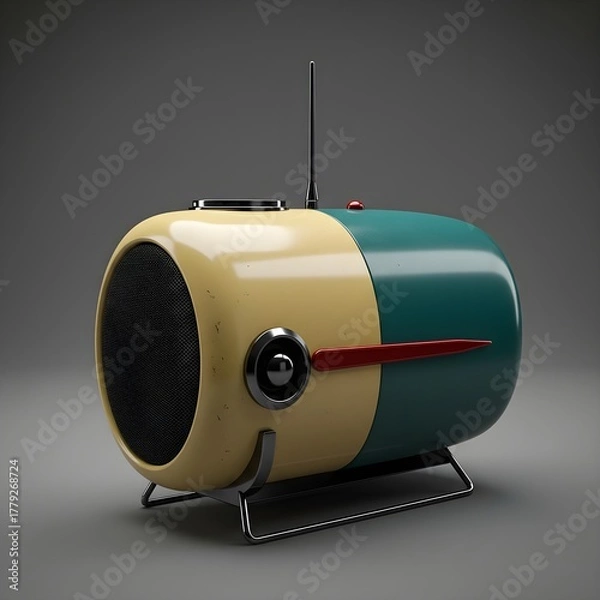 Obraz A classic vintage radio adorned in green, yellow, and red hues, reflecting a charming retro aesthetic.