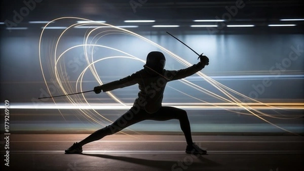 Fototapeta Dynamic fencing athlete in action demonstrating agility, precision, and athleticism during competition with modern sport gear in an indoor setting