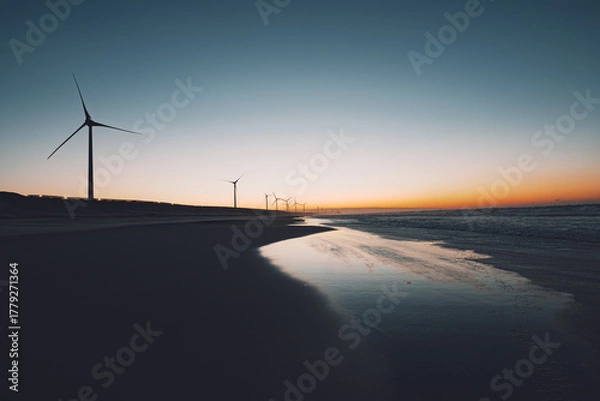 Fototapeta 朝焼けの海辺に並ぶ風力発電の風車と砂浜の風景

