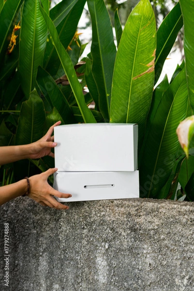 Obraz Hands arranging white cardboard boxes outdoors with tropical leaves in the background, representing minimal design and eco packaging lifestyle.