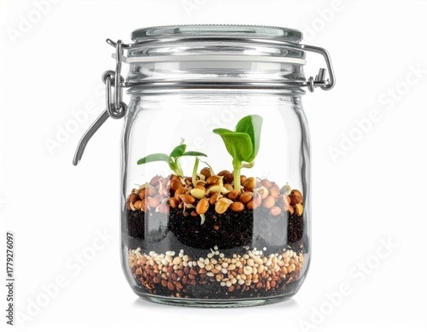 Fototapeta A glass jar contains soil and seeds, with small green plants sprouting upwards.