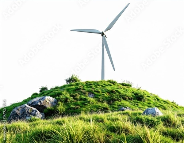 Fototapeta Wind Turbine on Green Hilltop with Rocks and Grass