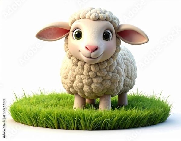 Fototapeta Adorable Cartoon Sheep Standing on Green Grass