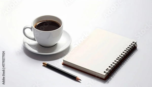 Fototapeta A cup of black coffee sits beside a blank notebook and pencil on a white surface, suggesting a moment for writing or reflection.