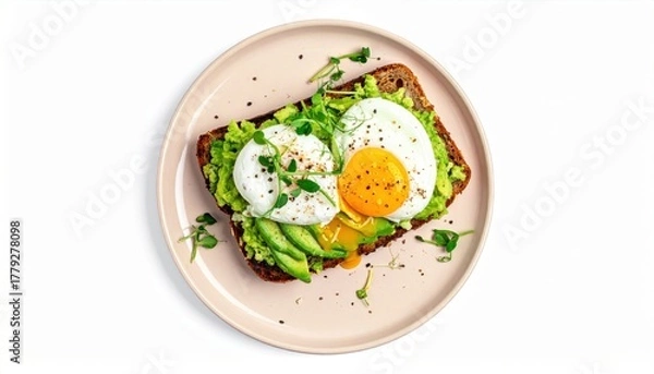 Fototapeta Delicious Avocado Toast with Poached Egg and Microgreens