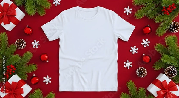 Fototapeta christmas gift wrapping on a red background with a white t-shirt mockup