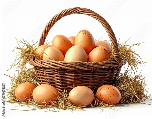 Fototapeta A rustic wicker basket filled with brown eggs and hay.