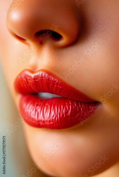 Fototapeta close up of part of woman's face, featuring smooth skin and lips covered with vibrant red lipstick
