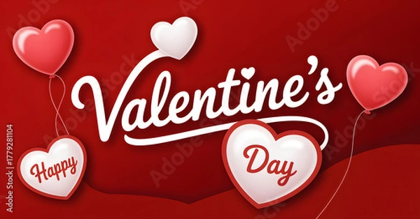 Obraz "Happy Valentine’s Day Heart Balloons Typography Design on Red Background – Romantic Love Greeting Card Vector"